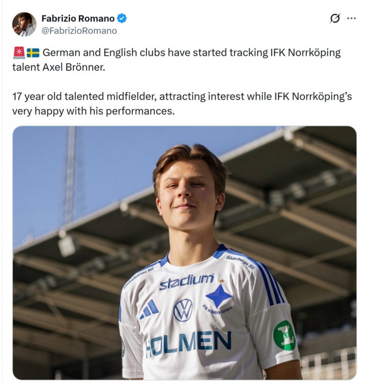 开云体育app-罗马诺:德国、英格兰俱乐部关注北雪平17岁中场布伦纳
