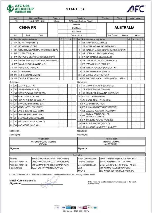 U23国足VS澳大利亚首发出炉!王钰栋出战杨希先发